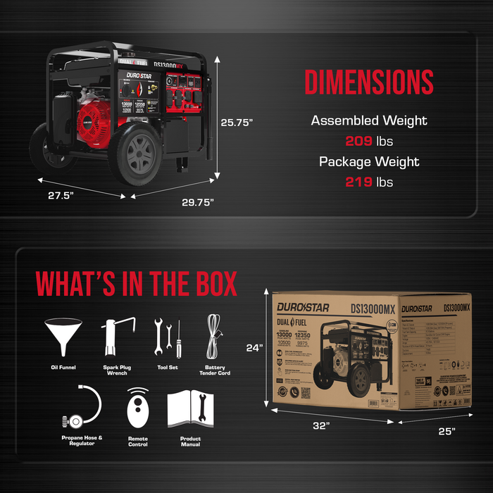 DuroStar DS13000MX 13,000W/10,500W 500cc Electric Start Dual Fuel Portable Generator w/ CO Alert